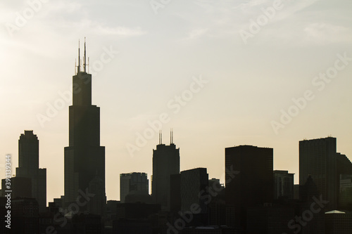 Beautiful Chicago skyline at sunset  backlit