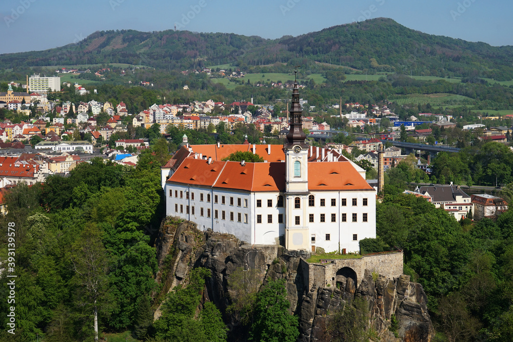 Obraz premium Decin Castle aerial panoramic view above historic town, Czech Republic