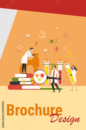 Group of scientists with microscope, chemical tubes and books doing epidemiology research. Chemists studying corona virus tests in medical lab. Can be used for coronavirus pandemic, covid 2019 topics