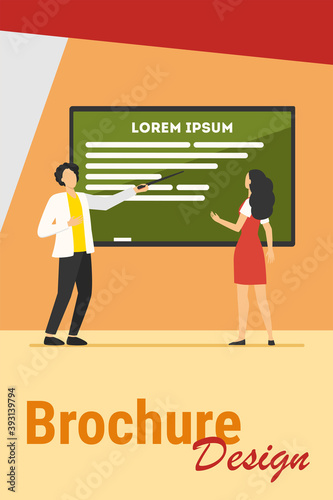 Teacher explaining task to student. Man pointing at blackboard, showing text sample flat vector illustration. Education, class, studying concept for banner, website design or landing web page