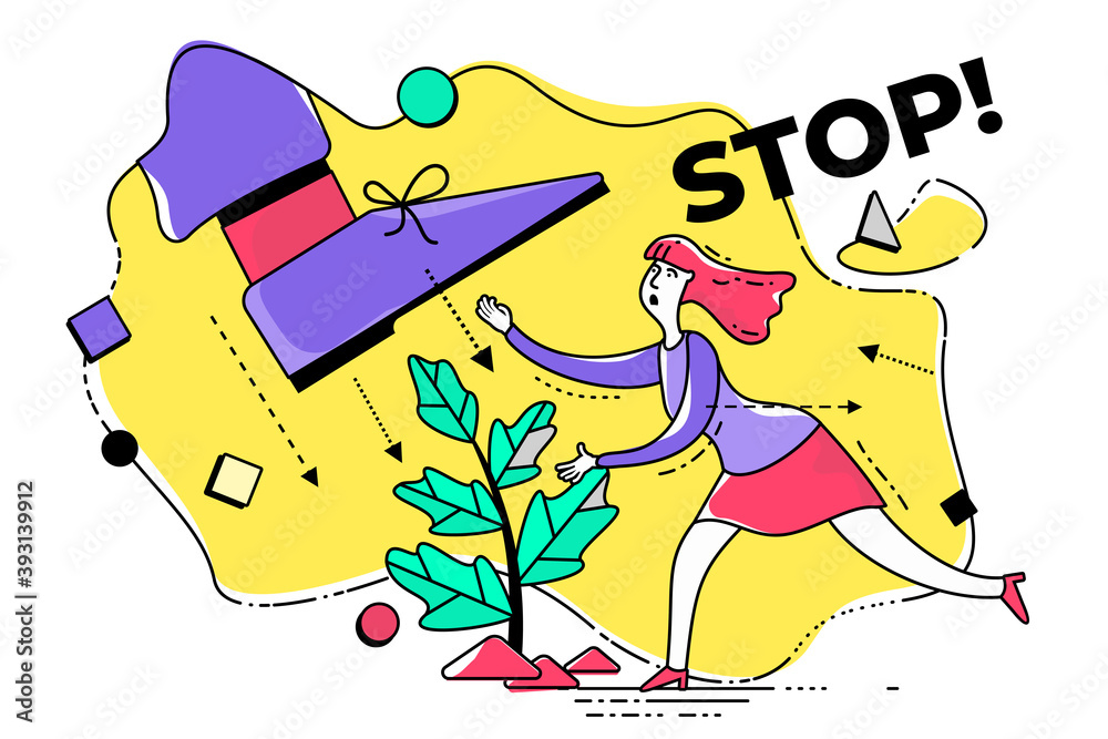 Ecological illustration. The woman protects tree from destruction, cut ...