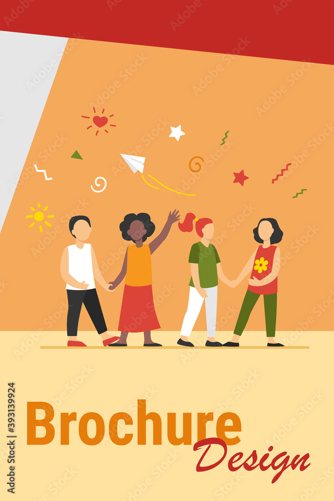 Diverse group of children in kindergarten. Team of African American, Asian, Caucasian boys and girls standing together. Vector illustration for international school, classmates, friendship concept Diverse group of children in kindergarten. Team of African American, Asian, Caucasian boys and girls standing together. Vector illustration for international school, classmates, friendship concept