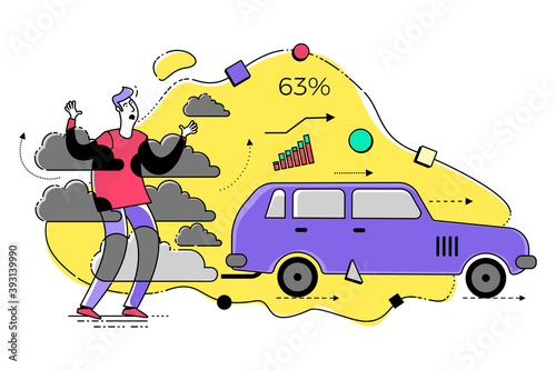 Ecological illustration. Not eco-friendly transport. A man suffocates with the exhaust gases of a car. Pollution of the planet with CO2. Global warming. Greenhouse effect. ECO problem. Green.