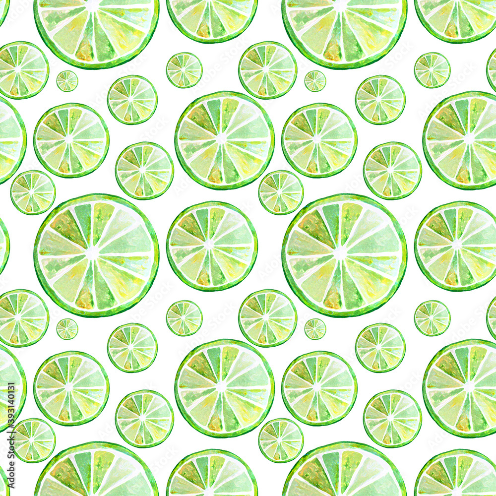 Fresh green and yellow lime slice isolated. Watercolor stylized illustration. Tropical citric fruit drawn by hand. Ripe organic sour fetus. Citrus