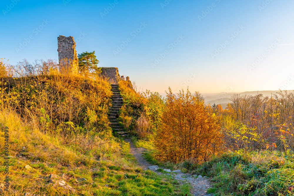 Fototapeta premium Ruin of castle Zubstejn standing on hill, Czech Republic. Castle built in 13 th century. Autumn day during the sunset. One of biggest ruins in Czechia. Also known as Zuberstein or Zubstein.