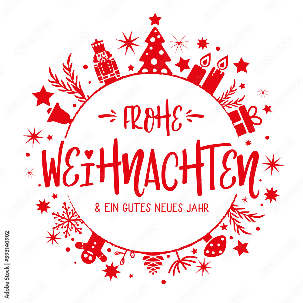 Frohe Weihnachten und ein gutes neues Jahr Kalligraphie runde Form. Grußkarte mit