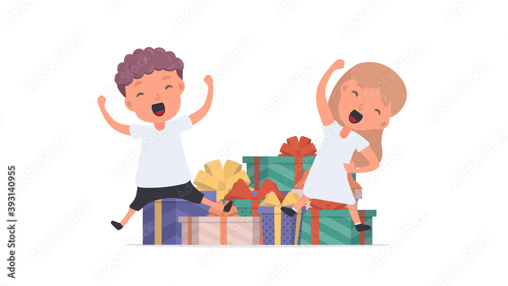A set of happy children with gifts. Happy teenagers with a mountain of gifts. Good for design on the theme of holidays, new year or birthdays. Isolated. Vector.