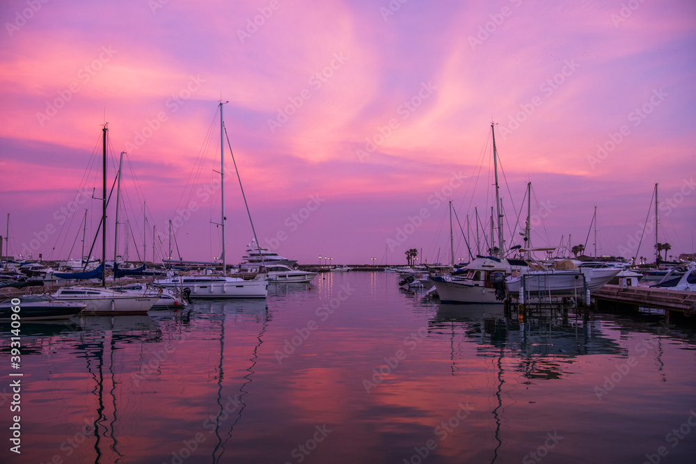 View of the Marina, painted purple by the setting sun