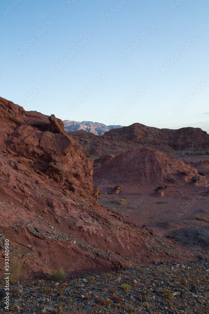 Desert landscape at sunset. Beautiful view of the red sand, sandstone, canyon, valley and mountains with a beautiful golden hour light, in Talampaya national park, La Rioja, Argentina.