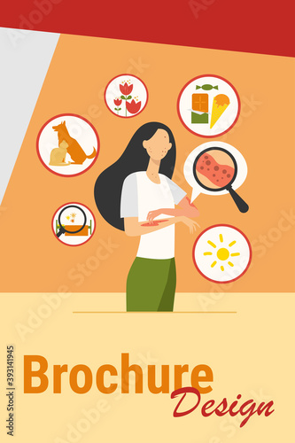 Faceless sad woman suffering from allergy isolated flat vector illustration. Cartoon female character scratching skin with strong eczema. Disease and itching concept