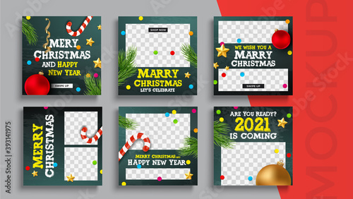 Merry Christmas and New Year banner editable template. Set of social media mobile app for shopping, sale, product promotion. 