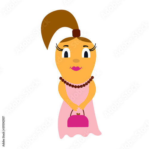 Cheerful yellow and bright creature in a dress with beads and a pink bag