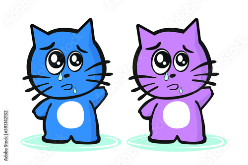 Two sad crying kitten characters with teardrops. Vector illustration on white background