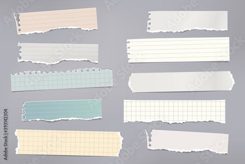 Set of torn white and colorful note, notebook paper pieces stuck on gray background. Vector illustration