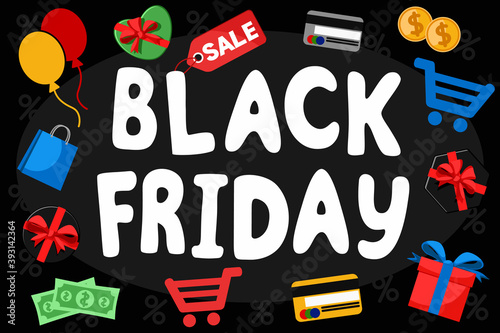 Black Friday text with different icons on a black. Sale banner