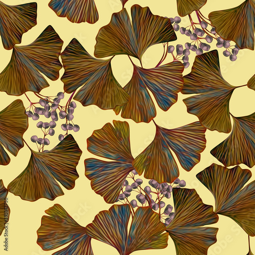 Ginkgo leaves with berries seamless pattern.