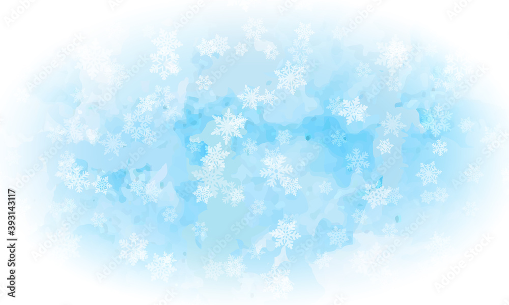 Abstract snow flakes on blue ice background.