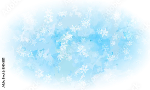 Abstract snow flakes on blue ice background.