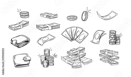 Money set. Outline illustrations, coins, wallet/ vector