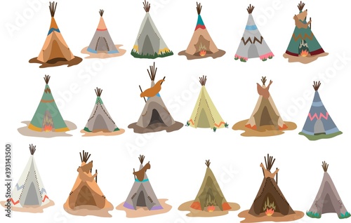 Set of Native american tipis with traditional indian decoration