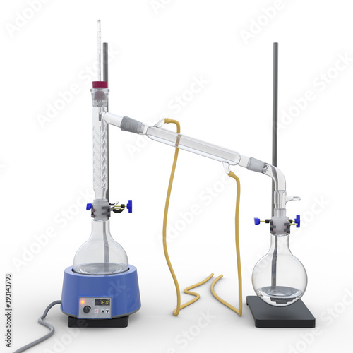 3d rendering of a fractional-distillation of a mixture using a fractionating column and a Liebig condenser.
