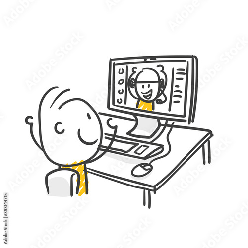 Strichfiguren / Strichmännchen: Videochat, Konferenz, Webcam, Computer, Homeoffice. (Nr.574)	