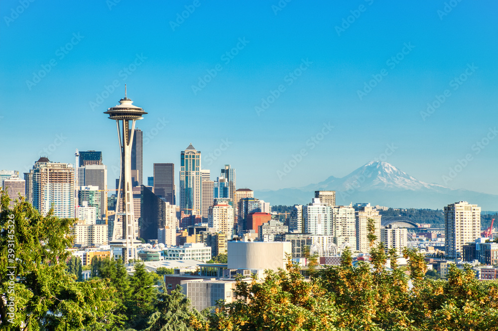 Seattle Cityscape with Mt. Rainier in the Background during a Sunny Day, Washington