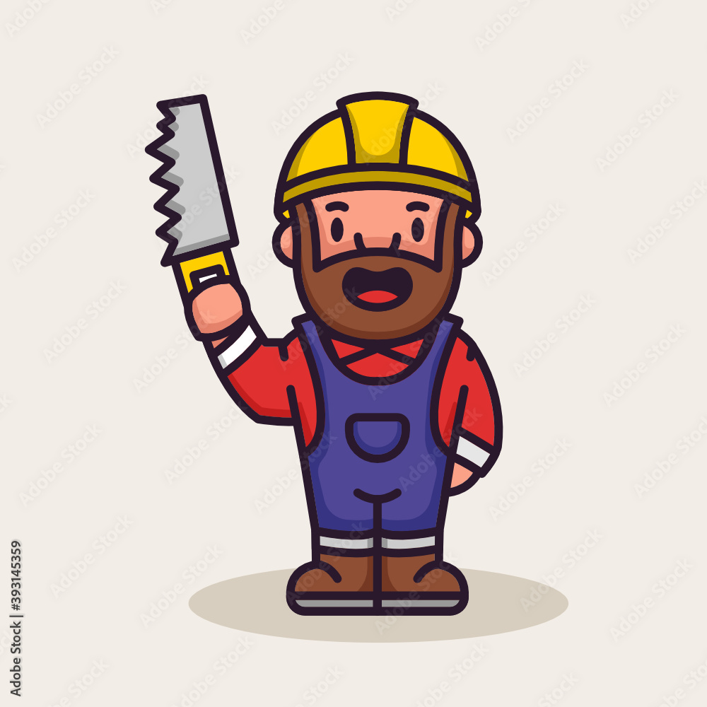 Fototapeta premium Cute carpenter with costume and tools mascot design