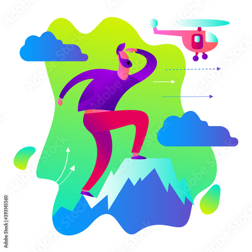 Business infographics with illustrations of business situations. Businessman stands on top of success mountain. Top manager, leader achieved the goal. Vector illustration flat design.