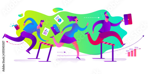 Business infographics with illustrations of business situations. Businessman running and jumping over obstacles, competition, competition. A man and a woman run, compete, reach the goal. Business