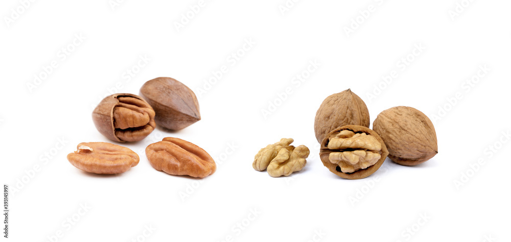 Pile of pecan and walnuts isolated on white background Pile of pecan and walnuts isolated on white background
