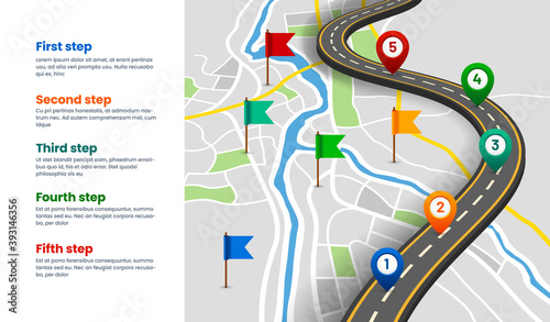 Navigation map with location pins, GPS route and direction plan, vector infographics template. Travel path navigation maps with location and destination flag steps on highway road