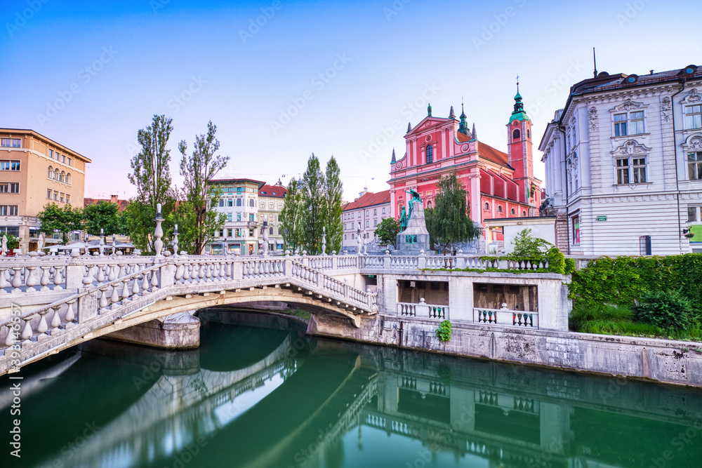 Ljubljana City Center at Dusk overlooking the Triple Bridge and Beautiful Franciscan Church