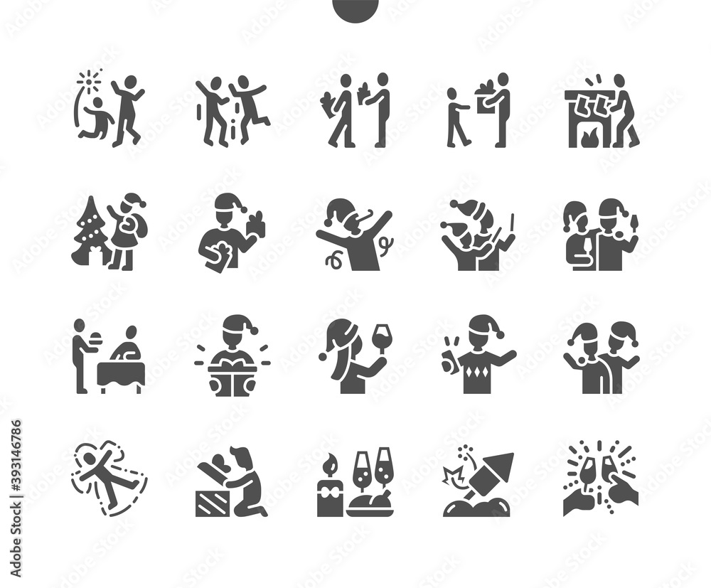 People celebrate Christmas. Party and celebration. Happy New Year. Christmas fireworks. Christmas dinner. Champagne. Vector Solid Icons. Simple Pictogram People celebrate Christmas. Party and celebration. Happy New Year. Christmas fireworks. Christmas dinner. Champagne. Vector Solid Icons. Simple Pictogram