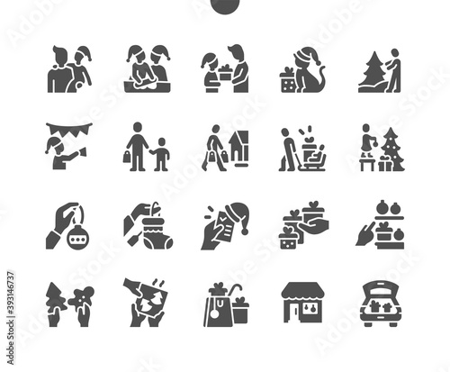 Family Christmas. Happy New Year. Christmas tree decorations and gifts. Family is preparing for the holiday. Vector Solid Icons. Simple Pictogram