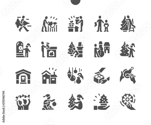 Family Christmas home. Decorate christmas house. Happy New Year. Paper snowflake. Family is preparing for the holiday. Vector Solid Icons. Simple Pictogram