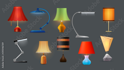 Lamps, table and desk lights, home and office design, vector isolated set. Desktop spotlights and realistic bedside laps with table clips, interior design elements, wooden plastic and glass lampshades