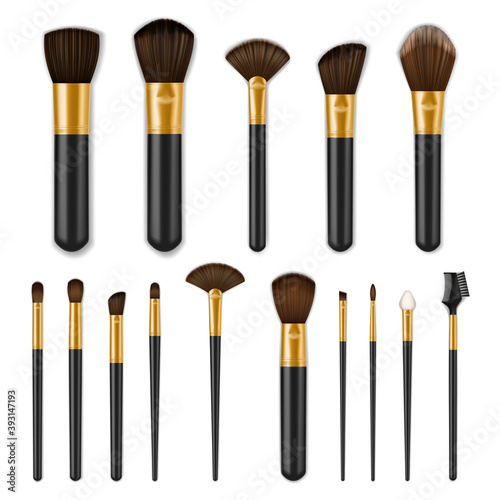 Makeup brushes realistic set, make up cosmetics, vector isolated 3D. Makeup brushes, black with golden for professional beauty make up, eye shadow, blush powder and eyebrow mascara comb with sponge