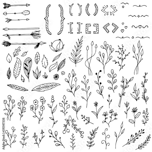 Set of plants, branches, floral elements, arrows, braces and parentheses. Vector illustrations.