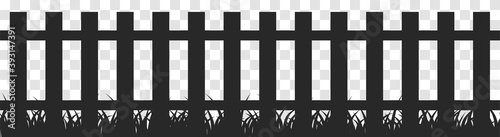 Black silhouette of farmer's fence with grass. Flat plaque and crossed boards isolated on transparent background. Vector illustration.