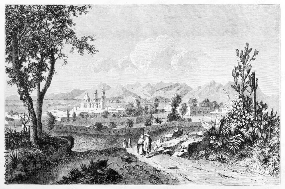 people walking on nature landscape with path leading to Chihuahua city far in the distance, Mexico. Ancient grey tone etching style art by Sargent and Rondip on Le Tour du Monde, Paris, 1861