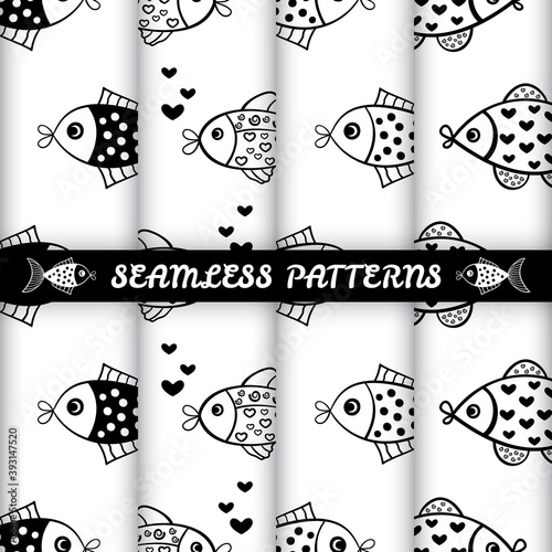 The set of the seamless patterns with the hand drawn fishes is on white background. The save with the Clipping Mask.