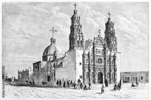 overall large view of Metropolitan Cathedral Church of the Holy Cross  Our Lady of Regia and St. Francis of Assisi  Chihuahua  Mexico. Art by Lancelot and Maurand on Le Tour du Monde  Paris  1861