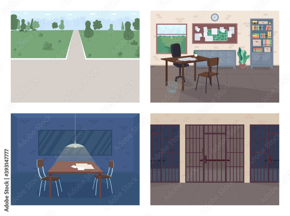 Police station flat color vector illustration set. Empty policeman ...