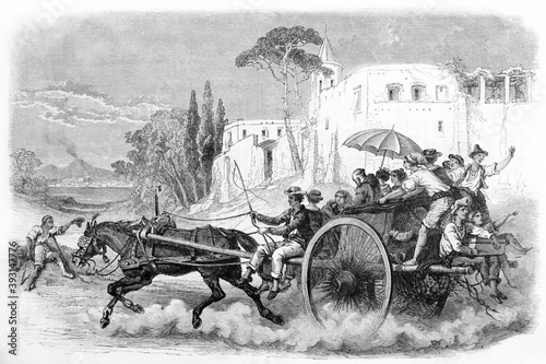Corricolo, typical Neapolitan carriage, running raising dust full of people. Ancient grey tone etching style art by B�rard on Le Tour du Monde, Paris, 1861