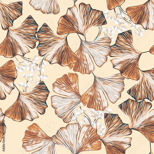 Ginkgo leaves with berries seamless pattern.