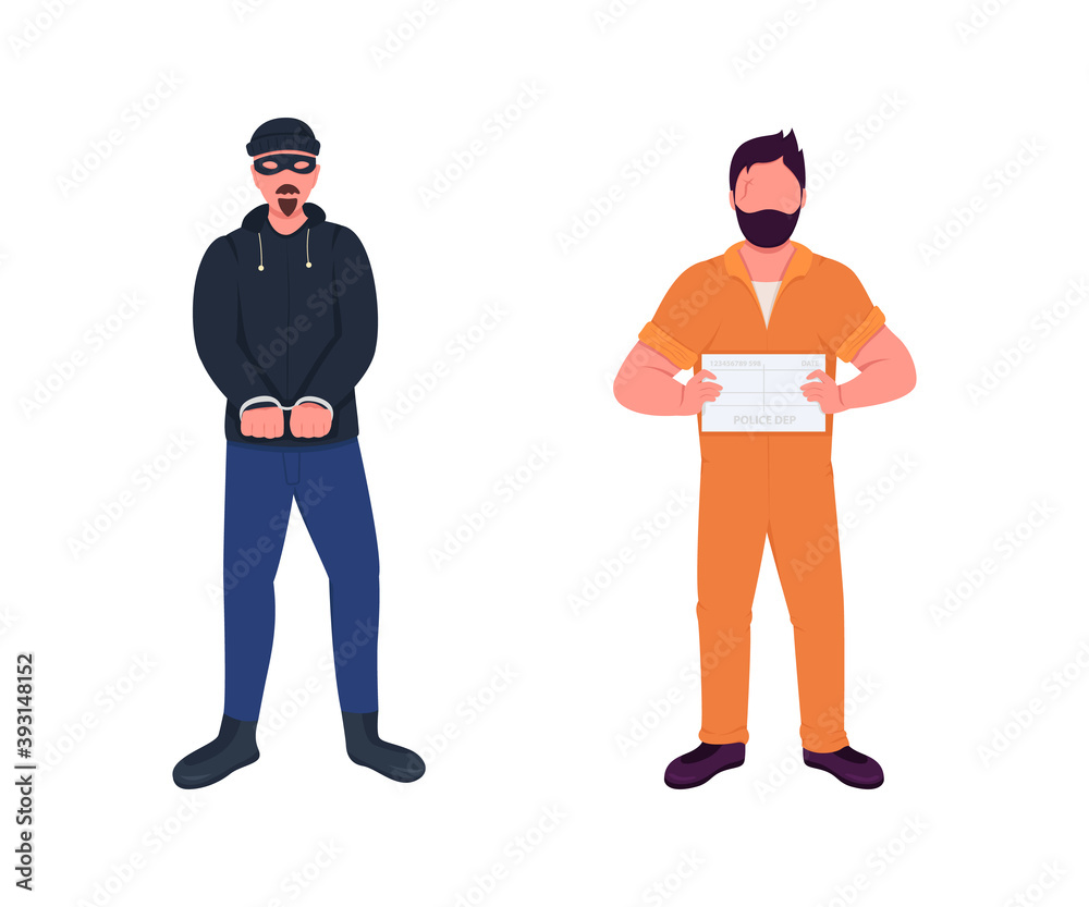 Arrested criminal flat color vector faceless character set. Robber for mugshot. Man in handcuffs. Law and justice isolated cartoon illustration for web graphic design and animation collection