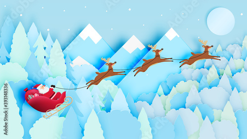 Santa claus on the sleigh with beautiful sky in paper art and pastel schenme