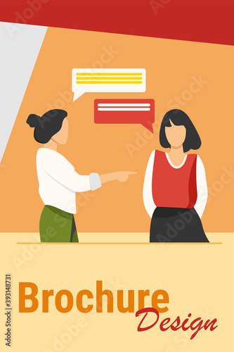 Woman pointing to girl and talking with her. Hand, forefinger, speech bubble flat vector illustration. Communication and conversation concept for banner, website design or landing web page