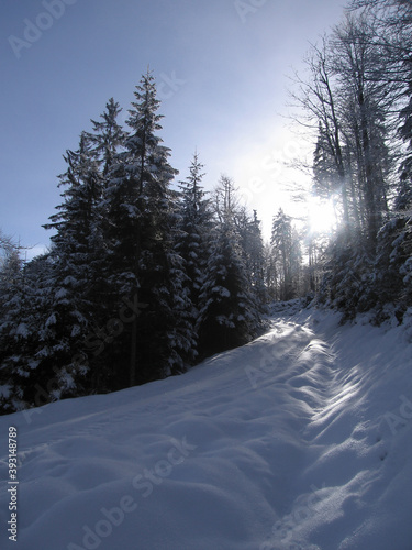 Winter mountain hiking tour at Simetsberg mountain in Bavaria, Germany